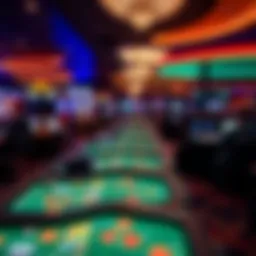 A panoramic view of a bustling casino floor in New York State, showcasing vibrant gaming tables and excited patrons.