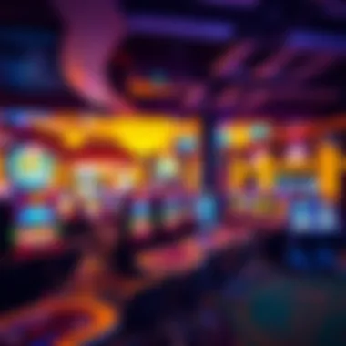 Interior of a vibrant casino showcasing various gaming tables