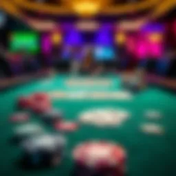 A visually engaging layout of a stud poker table with vibrant cards and chips