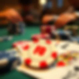 A close-up view of Pow Gai poker chips and cards