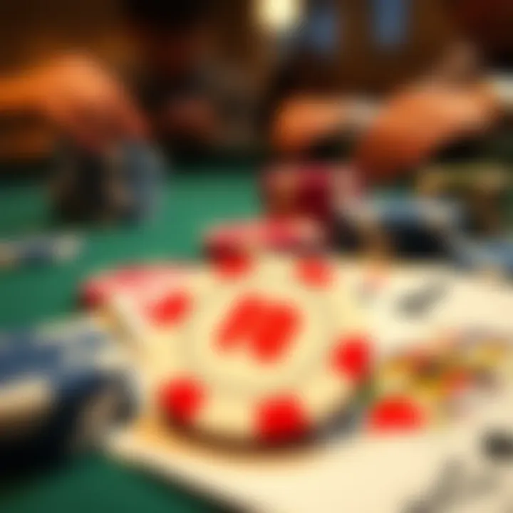 A close-up view of Pow Gai poker chips and cards