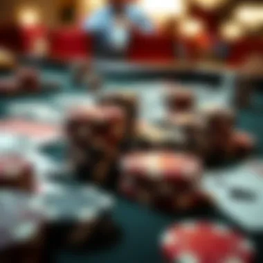 A close-up of poker chips and cards on a table, emphasizing the game's tactical elements