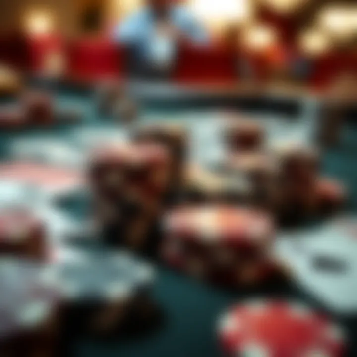 A close-up of poker chips and cards on a table, emphasizing the game's tactical elements