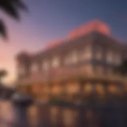 An elegant view of the casino's exterior at dusk, showcasing its contemporary design.