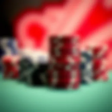 Strategic Poker Chips Arrangement A close-up view of poker chips stacked in a strategic manner