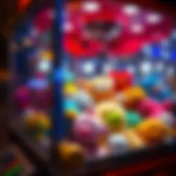A close-up view of a claw machine filled with plush toys