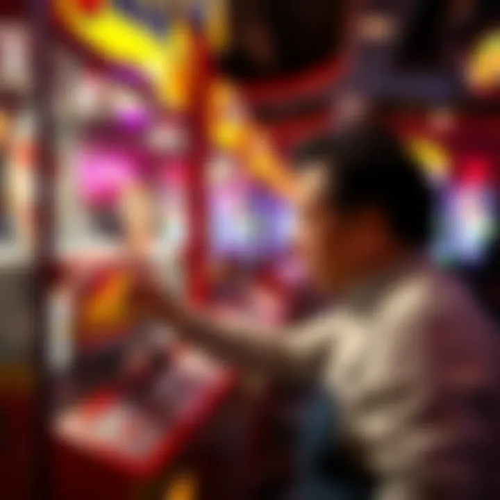 A player engaging with a claw machine, focused on the game