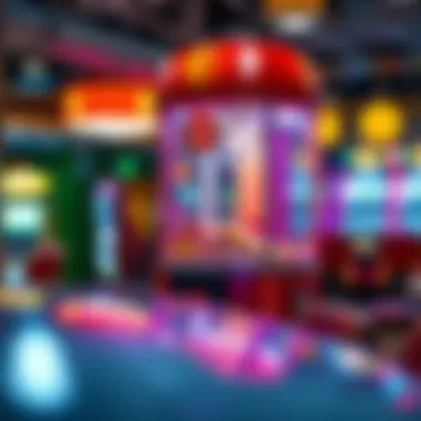 A vibrant claw machine in a bustling arcade environment