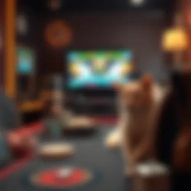 A cozy gaming setup with cat-themed accessories and decor