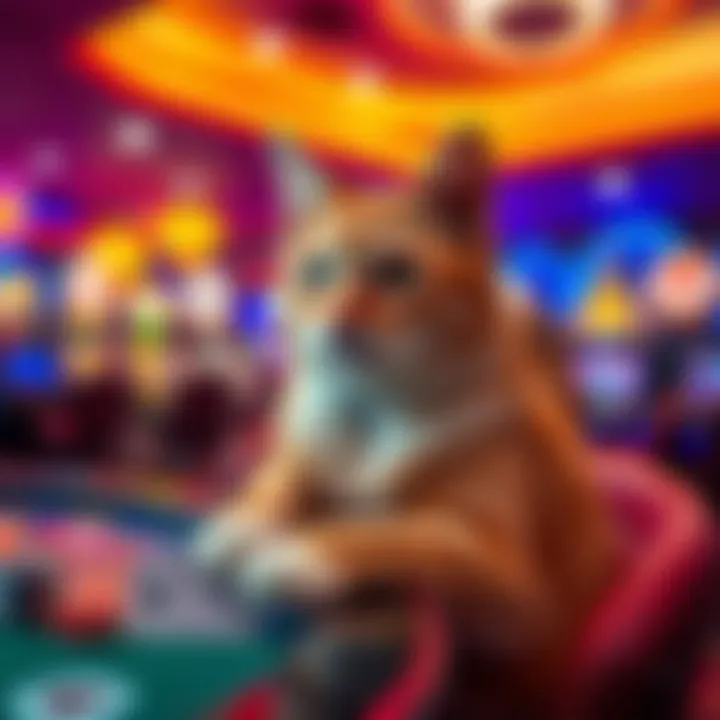 A vibrant scene showcasing an online casino filled with cat-themed games