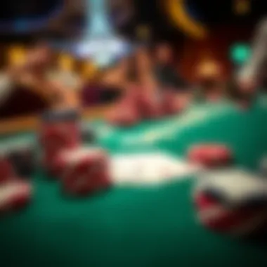 A close-up of poker chips and cards on a green felt table