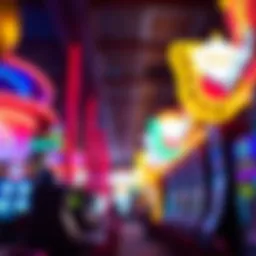 A vibrant neon sign illuminating a bustling casino floor