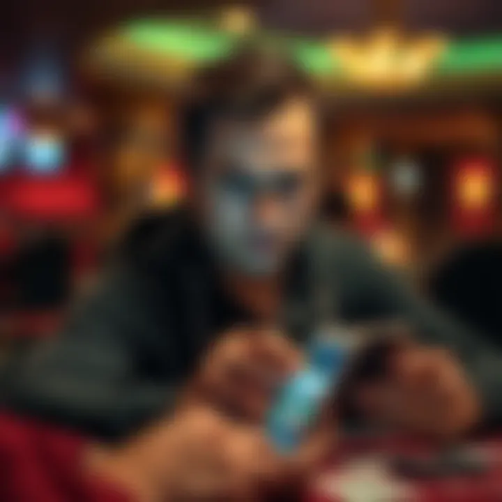 Immersive Mobile Gambling Experience A person engaged in mobile gambling with a focused expression
