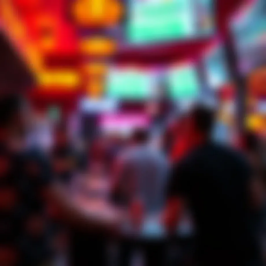 A bustling sports betting venue in Costa Rica, showcasing vibrant screens and engaged bettors.