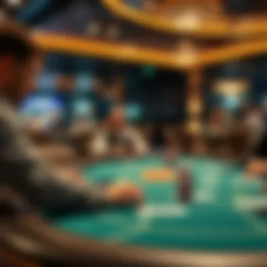 A modern poker setting showcasing players engaged in a game with an automatic shuffler