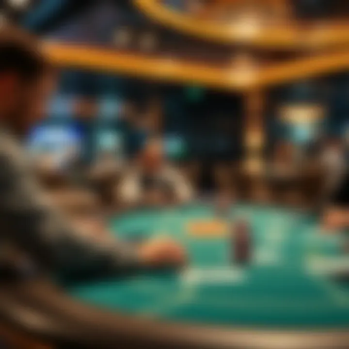 A modern poker setting showcasing players engaged in a game with an automatic shuffler