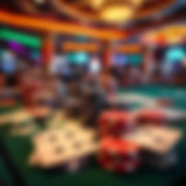 Diverse Game Setup An array of poker chips and cards set up for a game, representing the various game types available.